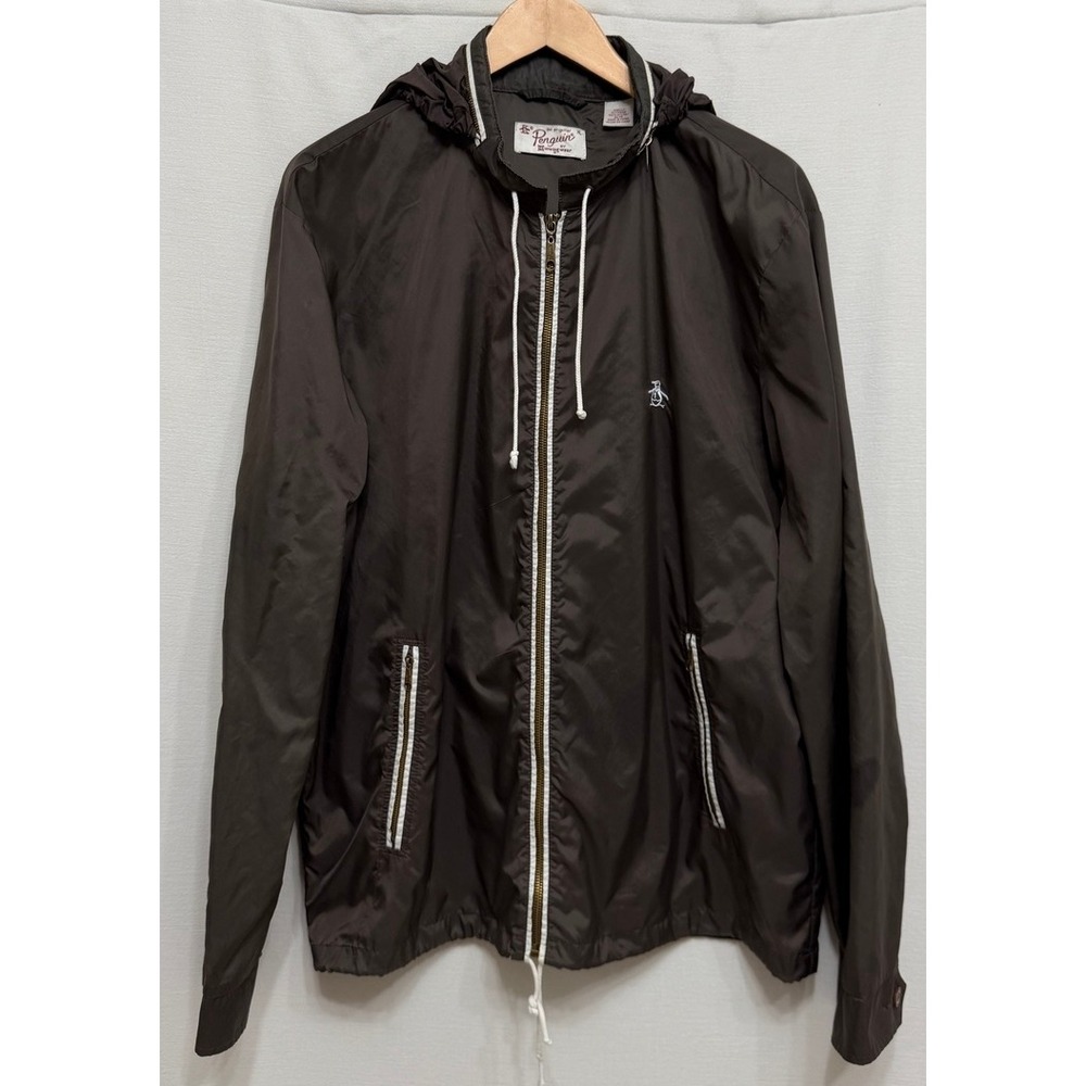 Original Penguin Mens Vintage Windbreaker Jacket Brown Packable Hood Full Zip XL